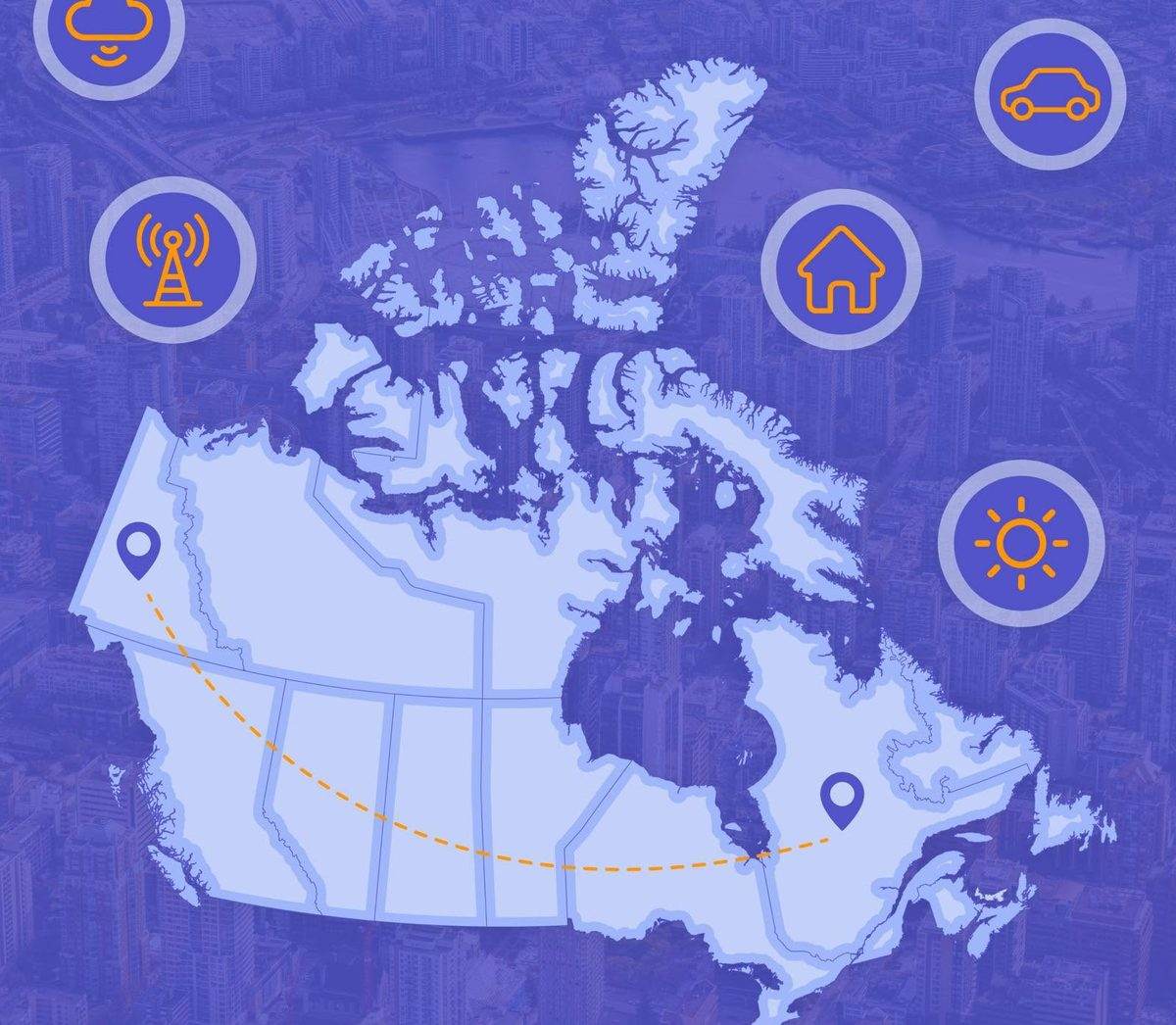 Map of Canada showing the SocialRise coverage area from Alberta to Newfoundland
