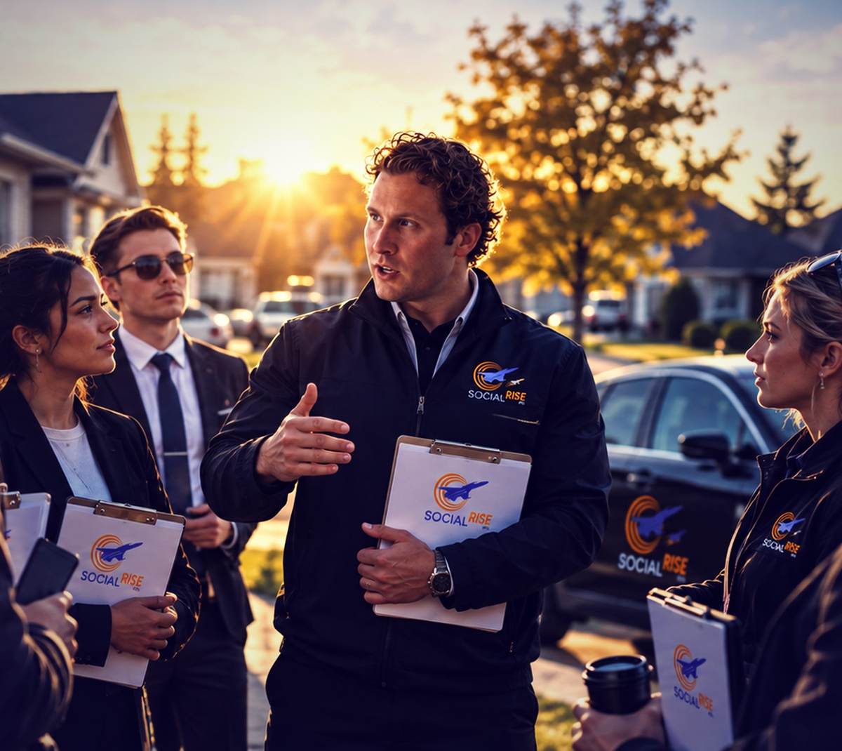A group of sales reps gathered on a residential street at sunset
